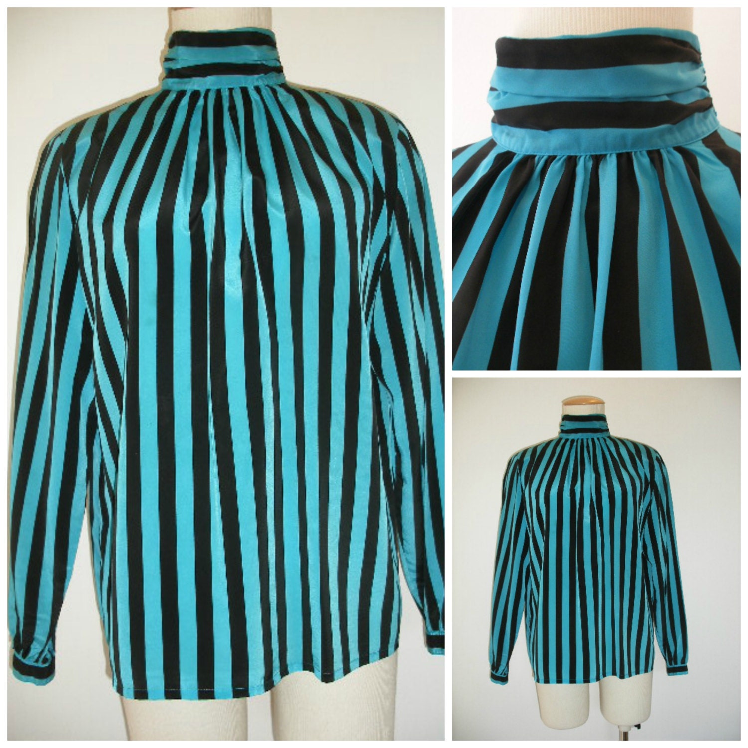 80s striped blouse, new wave glam high collar retro ladies blouse, black and turquoise striped curvy girl blouse.