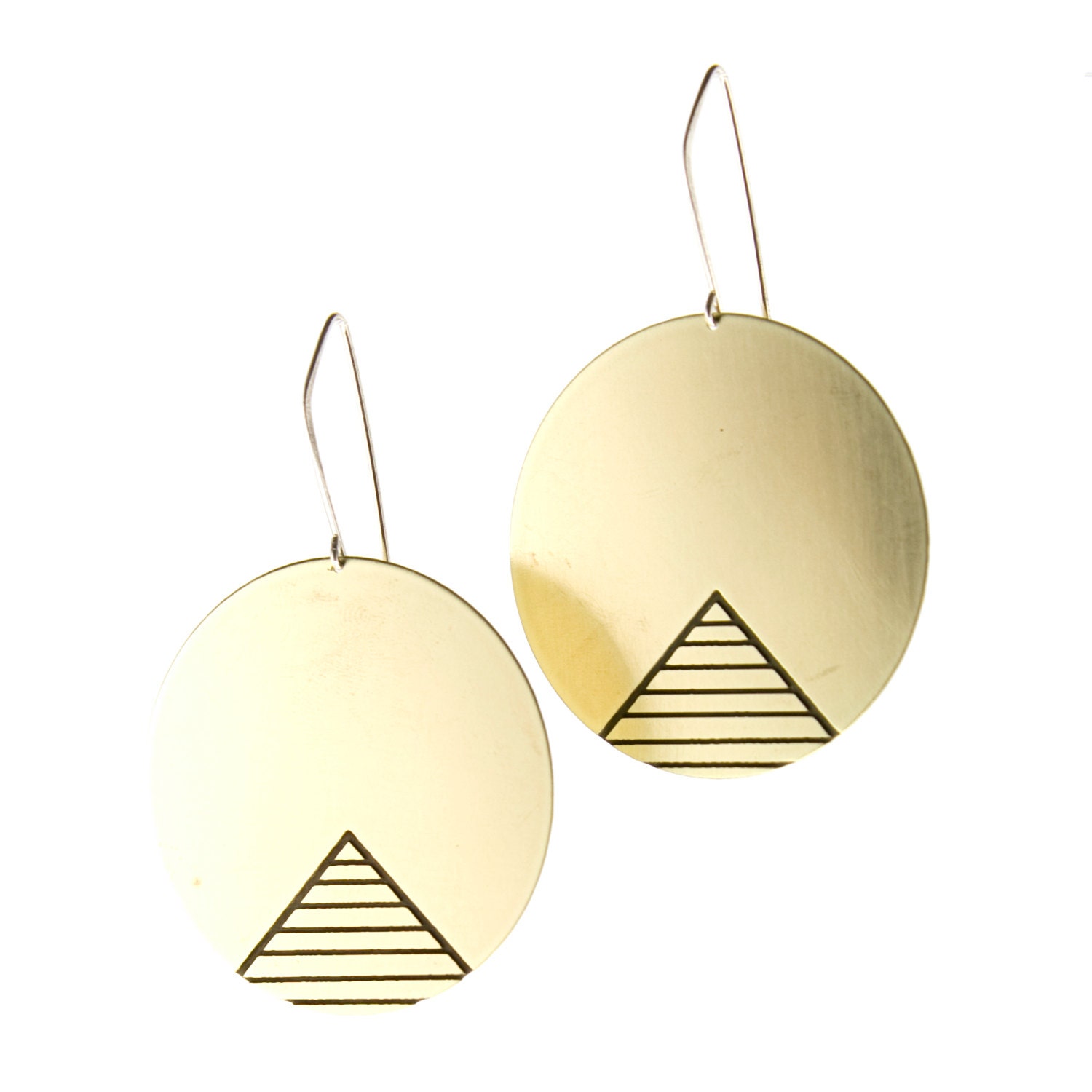 Gold - circle - pyramid earrings - etched design