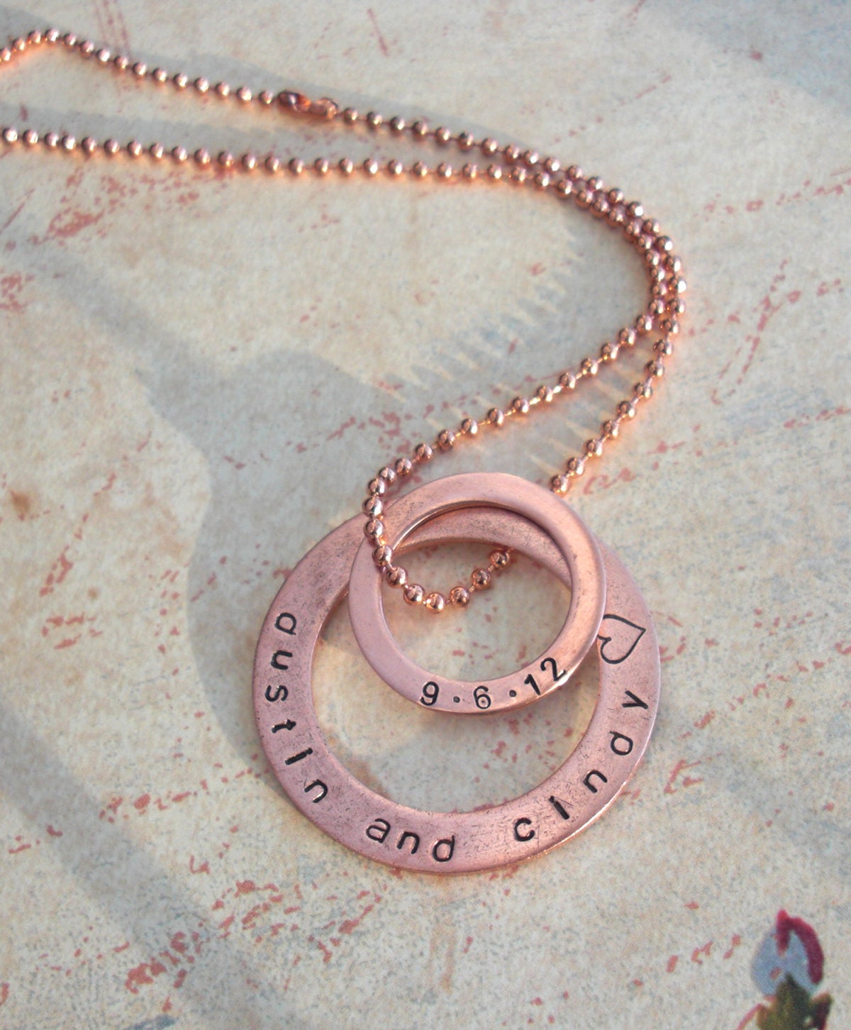 Genuine Copper Washer Necklace - Hand Stamped Double Washers, 18" Bright Copper Bead-Ball Chain Included, Lat/Long Coordinates, Name, Dates