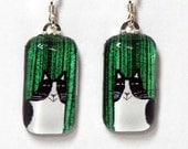 SALE... Black and White Cat on Green Glass Earrings