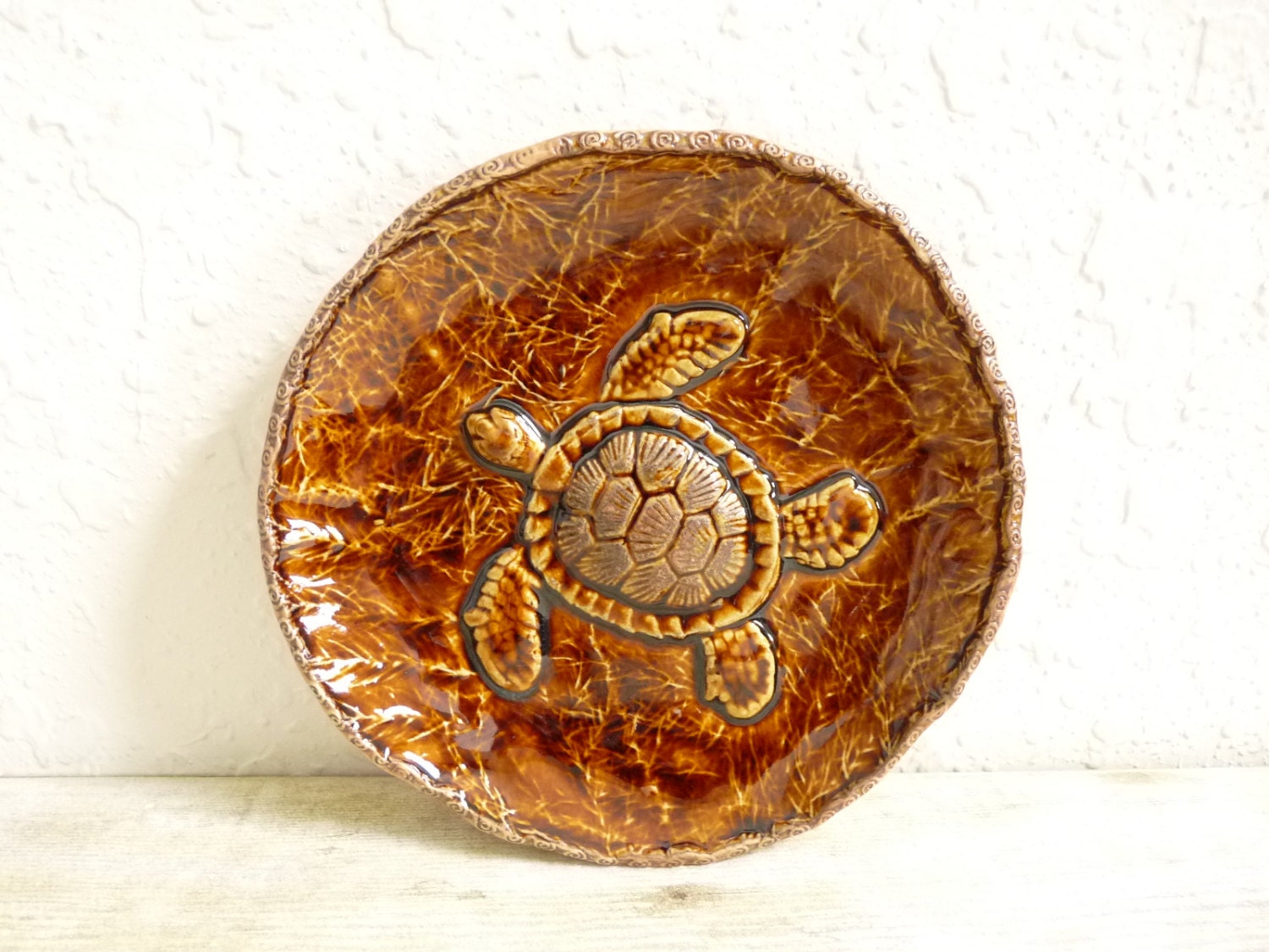 Sea Turtle Trinket Soap Dish Brown Decorative Ceramic Pottery  Plate Jewelry Holder or Spoonrest