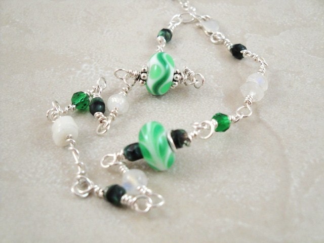 Anklet. Green and white. Silver. Lampwork beads. Moonstone. Crystals. Spring and Summer trends. Adjustable length