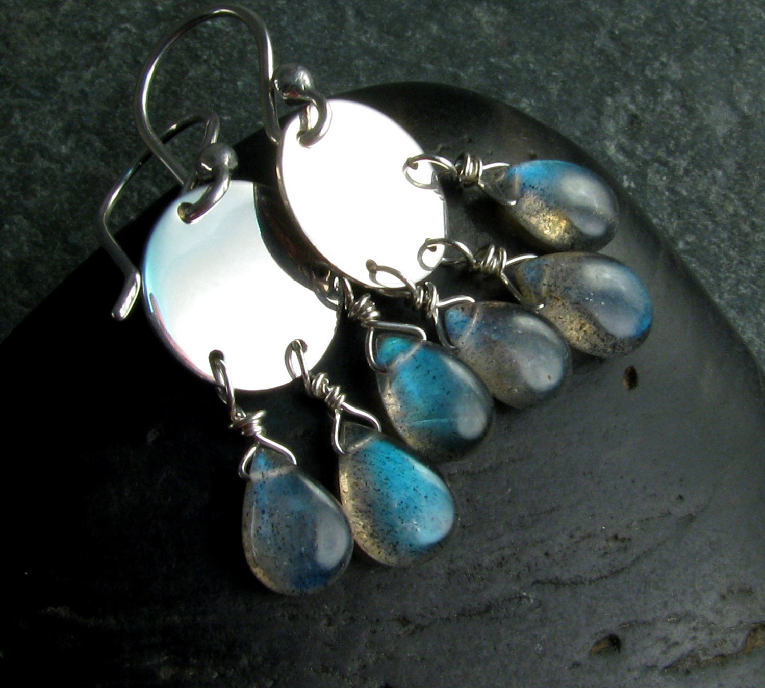 Labradorite Earrings - Short Chandelier Earrings - Labradorite and Sterling Silver - Blue Stone Earrings