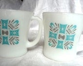 Pair Fire King White Milk Glass Mugs - BLUE HEAVEN Turquoise Aqua Gray Design - 1970s 70s Anchor Hocking - D Handles - Set of 2