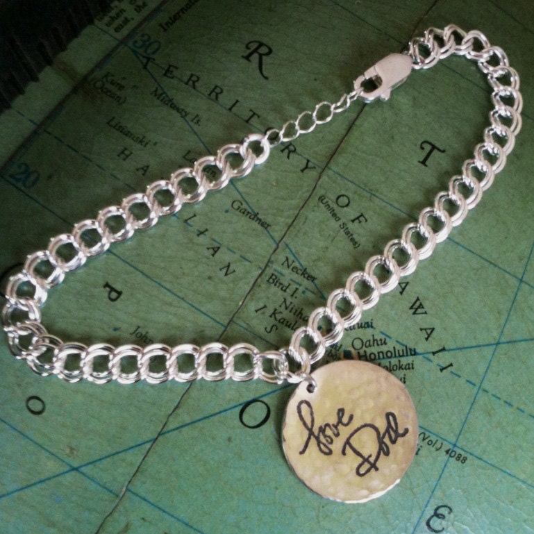 Handwriting Charm Bracelet, Double Sided, Your Custom Writing or Drawing on a silver charm, great gift for Mothers Day, Bride or Bridesmaids