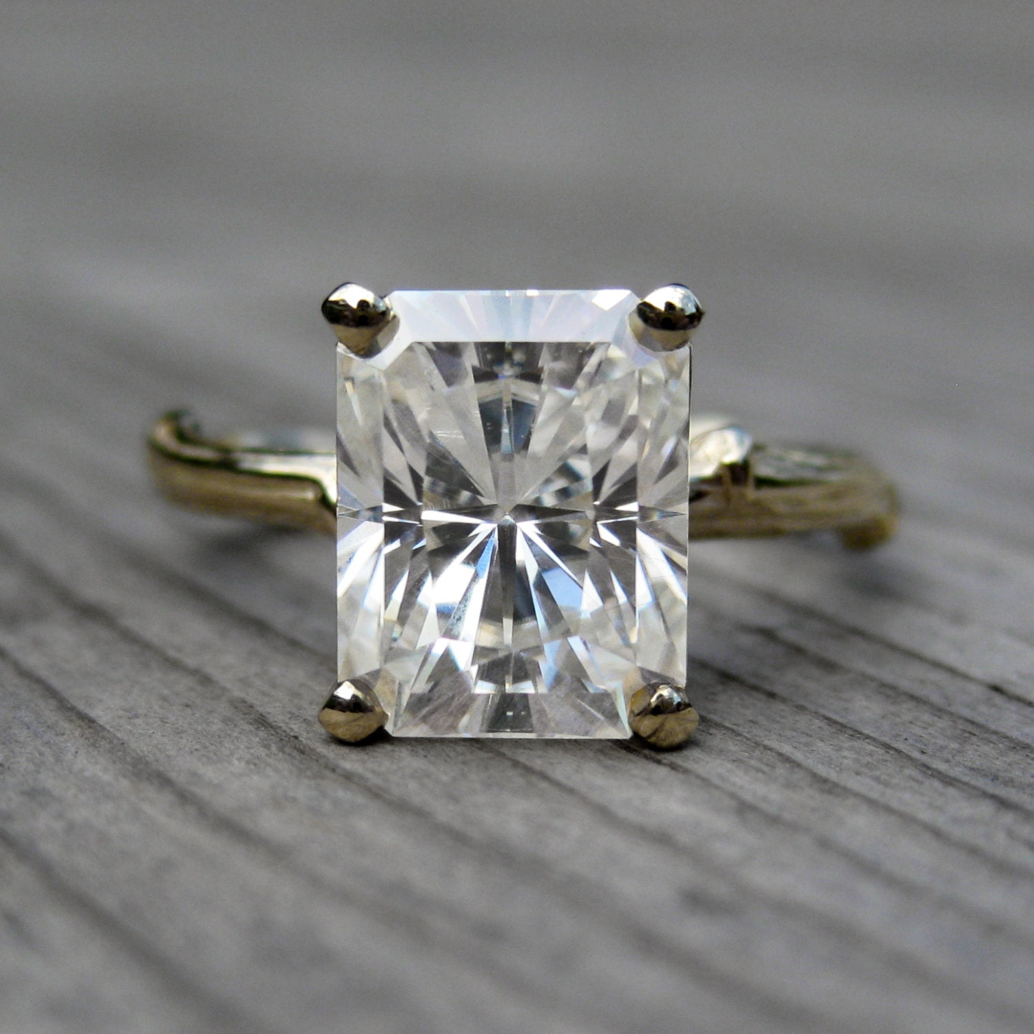 Emerald Cut Moissanite Branch Engagement Ring - 2.43ct - White or Yellow Gold