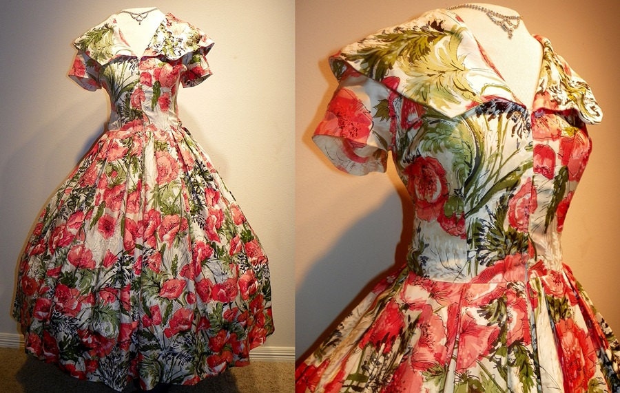 RESERVED 1950's SILK Bold POPPY Print Cocktail Hostess Dress Vintage 50's Couture Full Skirt Garden Floral Print Wedding Party Dress