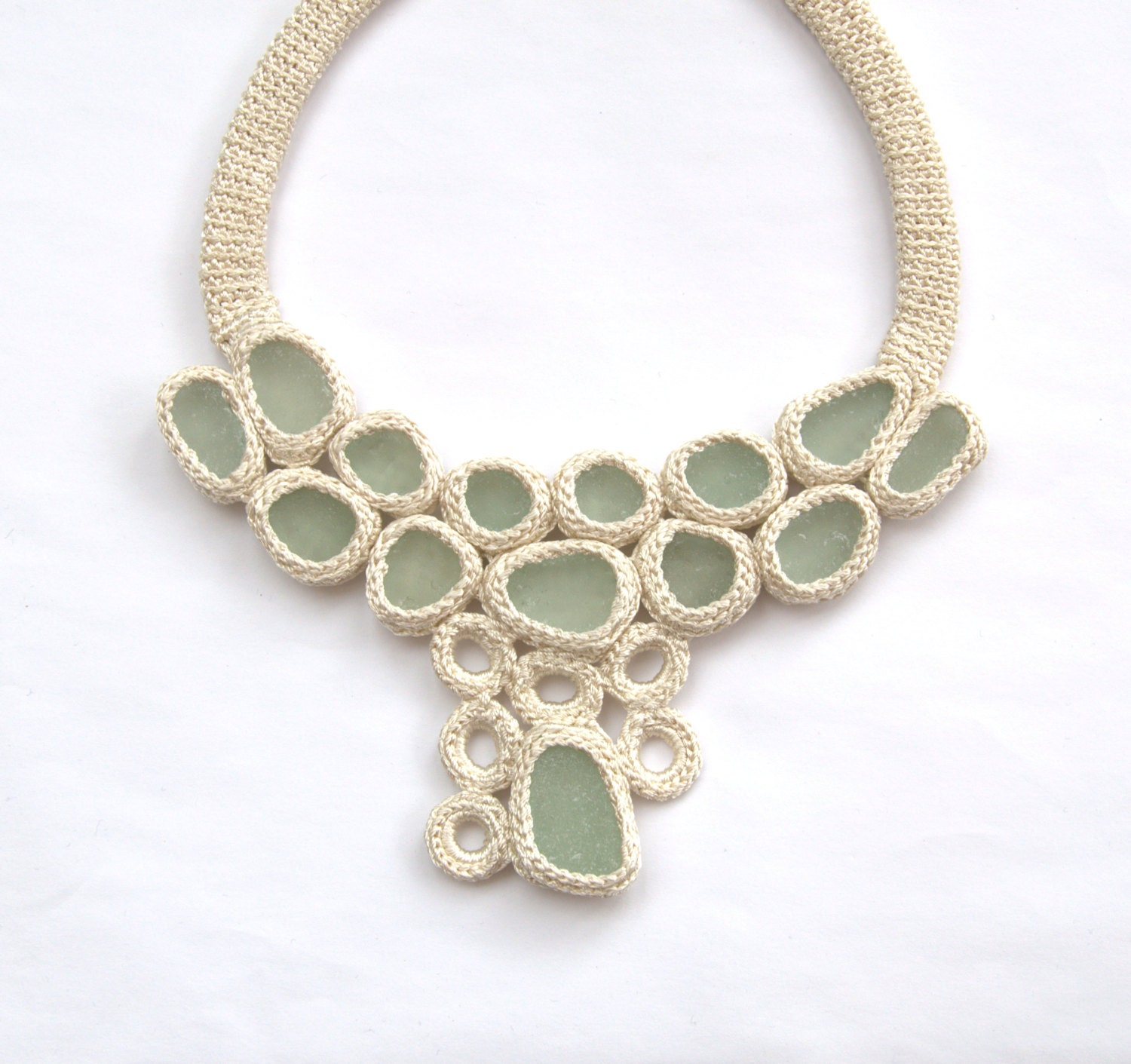 Statement bib necklace 14 sea glass bride jewelry cream greenish crochet collar OOAK boho beach handmade gift her Birthday summer Weddings