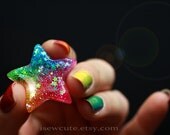 Colorful Rainbow Star Ring ...Catch a Falling Star Like Mermaid Treasures ...bright rainbow glitter resin jewelry handmade by isewcute