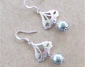 Art Nouveau Silver Earrings Swarovski Grey Pearl Beads