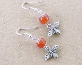 Silver Victorian Bumble Bee Earrings With Natural Carnelian Gemstone Beads