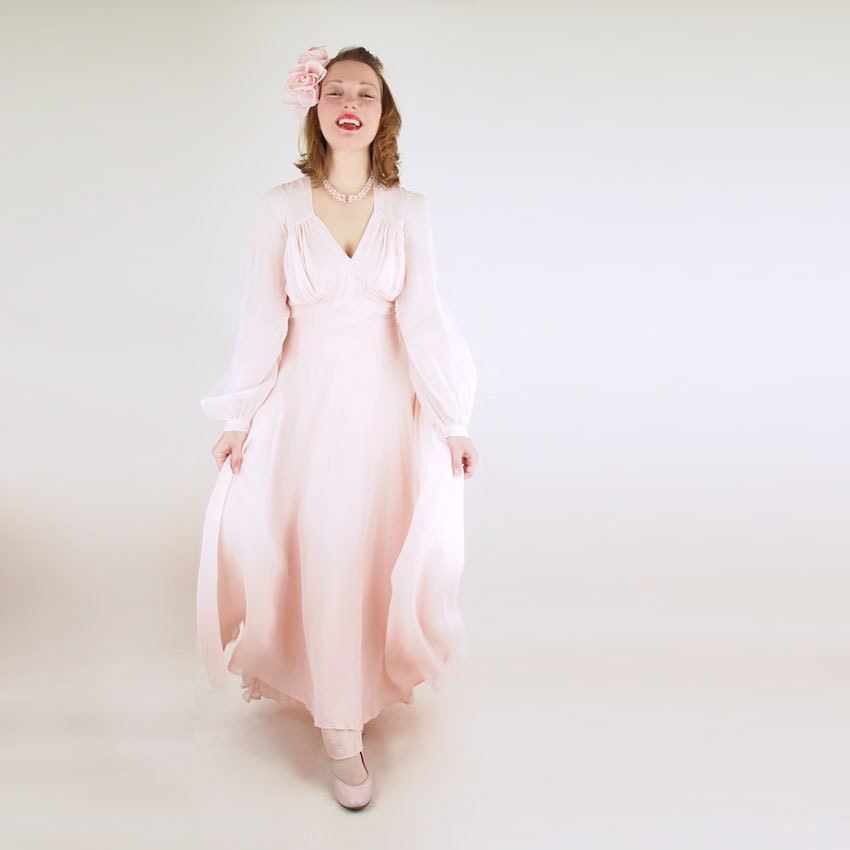 40s WWII Era Pink Rayon Flowing Long Gown, with Lace Bra M