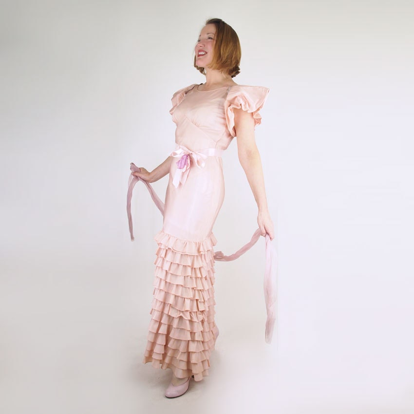 Mid 1930s Pink Taffeta Bias Cut Gown with Ruffled Skirt & Lofty Sleeves M