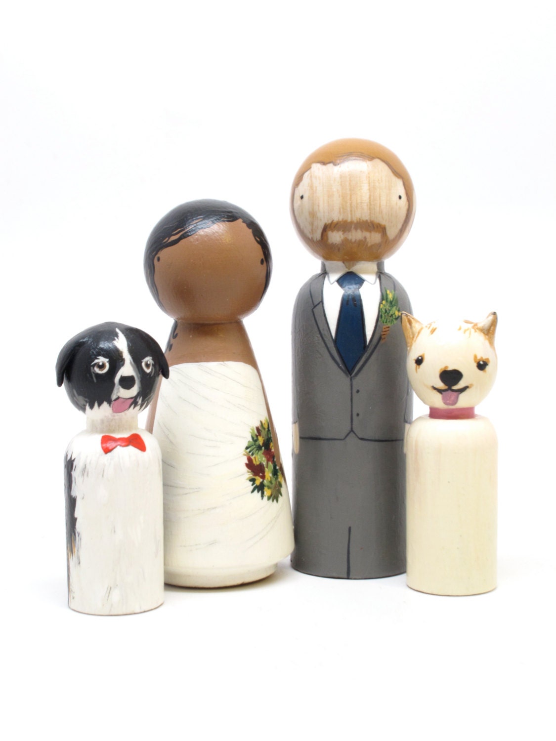 Personalized Wedding Cake Toppers Bride/Groom Wedding Decor with Two pets or Children Goose Grease The Original Custom Wooden Peg Dolls