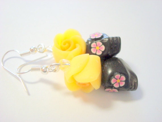 Skull Earrings Bright Yellow, Pink, and Black Day of the Dead Sugar Skulls