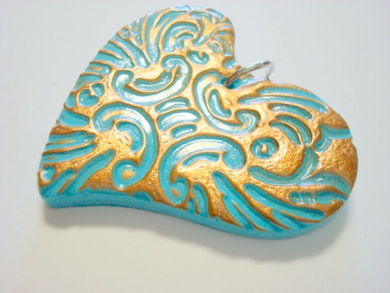 Turquoise and Bronze Textured Heart Handmade Polymer Clay Pendant