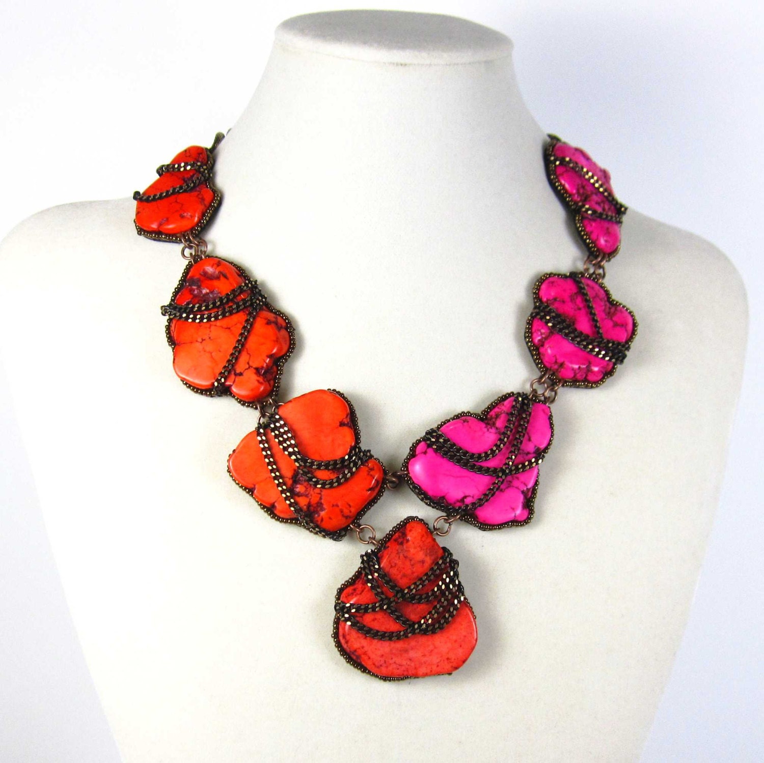 Handmade statement necklace turquoise copper oxidized pendant large colorful necklace