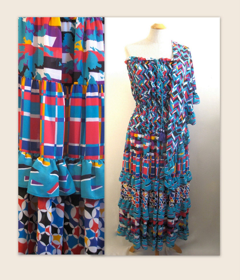 Vintage Diane Fres Dress / Bohemian Shoulderless with Matching Shawl / S M
