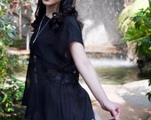 Sheer Black Top with Lace Insert, Peplum, Cutout, Loose Shirt - S - M