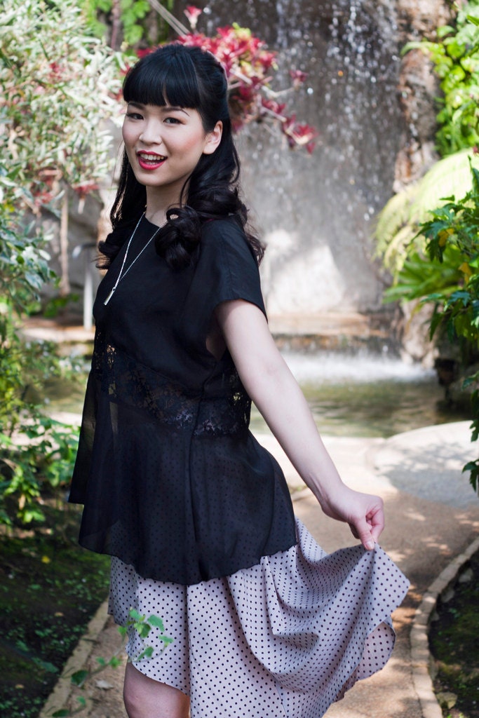 Sheer Black Top with Lace Insert, Peplum, Cutout, Loose Shirt - S - M