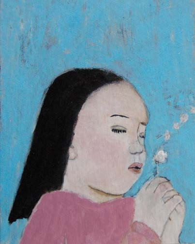Acrylic Portrait Painting 8.5x11 Little Girl Blowing Dandelion Original Blue sky, White, Pink