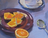 Fine art original oil painting "An Orange for Tea" by Oregon artist Sarah Sedwick 8x8"