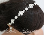 Ribbon Headband Pearl Crystal Wedding Hair Accessories White Pearl Ivory Pearl rhinestone Bridal headband LEILA RIBBON