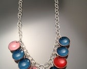 Pink, Blue and Red Enameled Necklace on Sterling Silver Chain with Adjustable Clasp