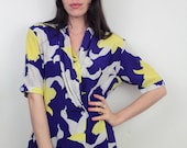 1980s SILK Blue and Yellow Floral Shirt Size S-M
