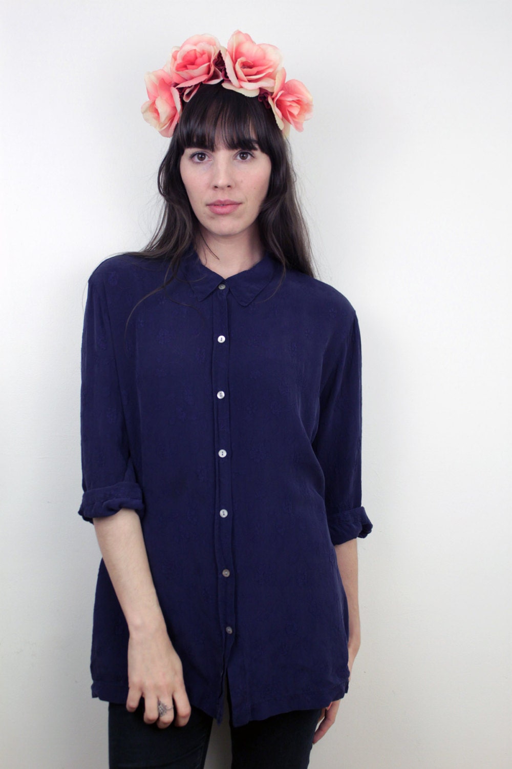 1990s SILK Navy Blue Floral Button Up Size S-M