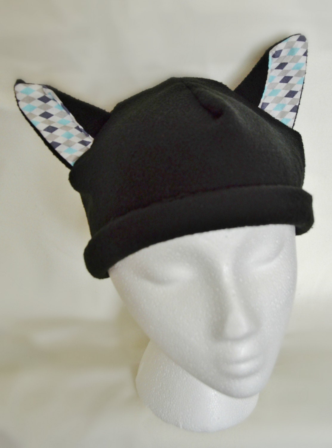 Diamond Pattern and Black Fleece Cat Ear Hat