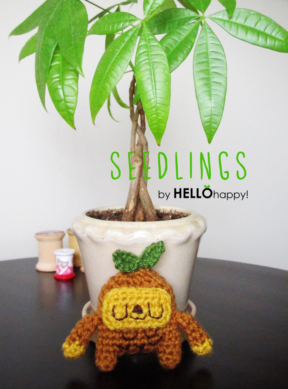 Seedling 001 - cute little amigurumi plant seedlings - mustard yellow and brown with dark green leaves