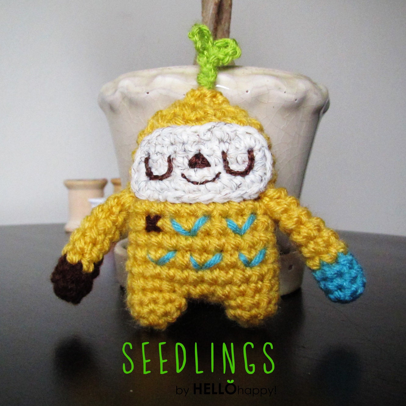 Seedling 002 - cute little amigurumi plant seedlings - mustard yellow and brown with bright chartruese green leaves