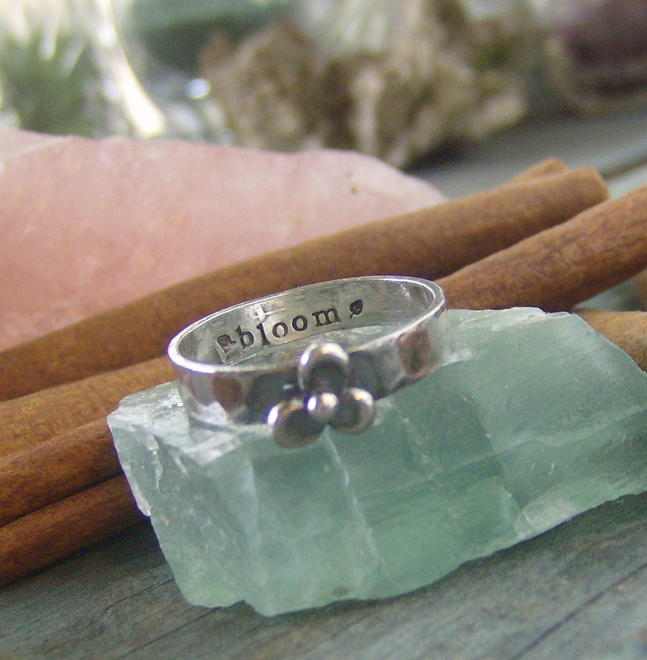 Secret message Blossom stackable stacking hand stamped sterling ring
