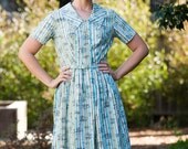 1960's Olive Green, White, and Aqua Blue Striped Dress With Toile Print Small-Medium