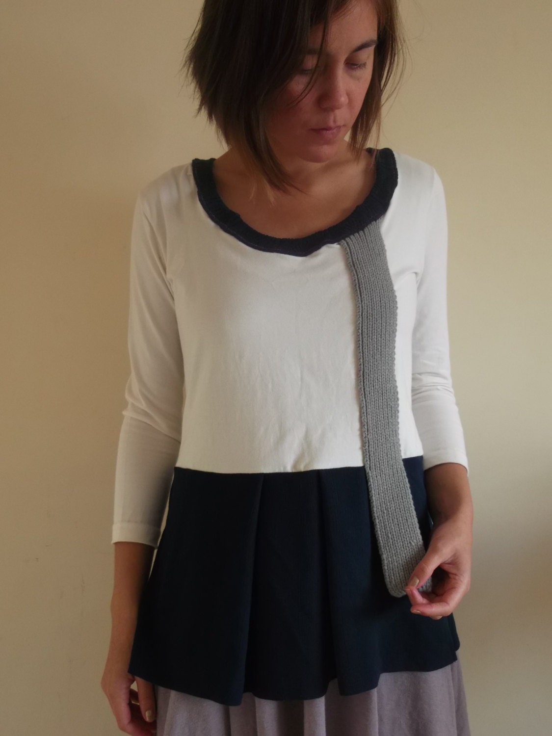 L reconstructed top for women in blue, grey and cream - large