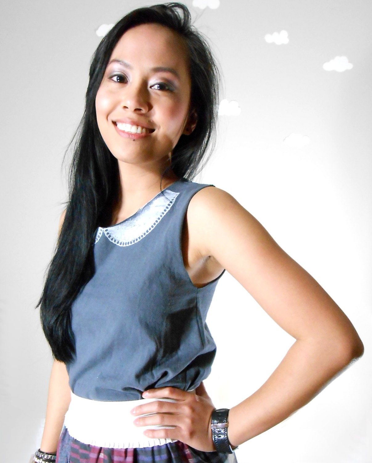 Peter Pan collar tank tunic screenprinted repurposed cotton medium grey small LAYERS AWAY