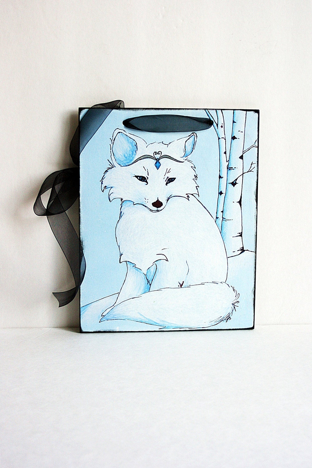 Arctic Fox Art- Winters Princess- Wall Hanging- Blue and White-Woodland Creatures-Childrens Decor Birch Trees