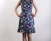 Vintage Navy Floral Dress . 1960s Frill Trim . Button Down . Mod Summer Wear