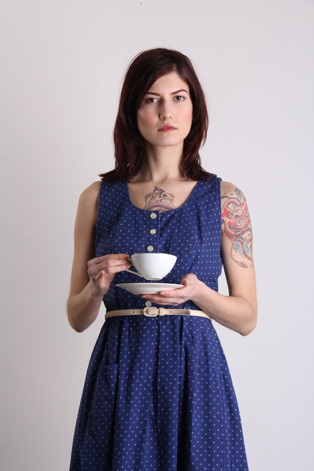 Vintage Austrian Dirndl . Navy Blue Flower Print . 1960s