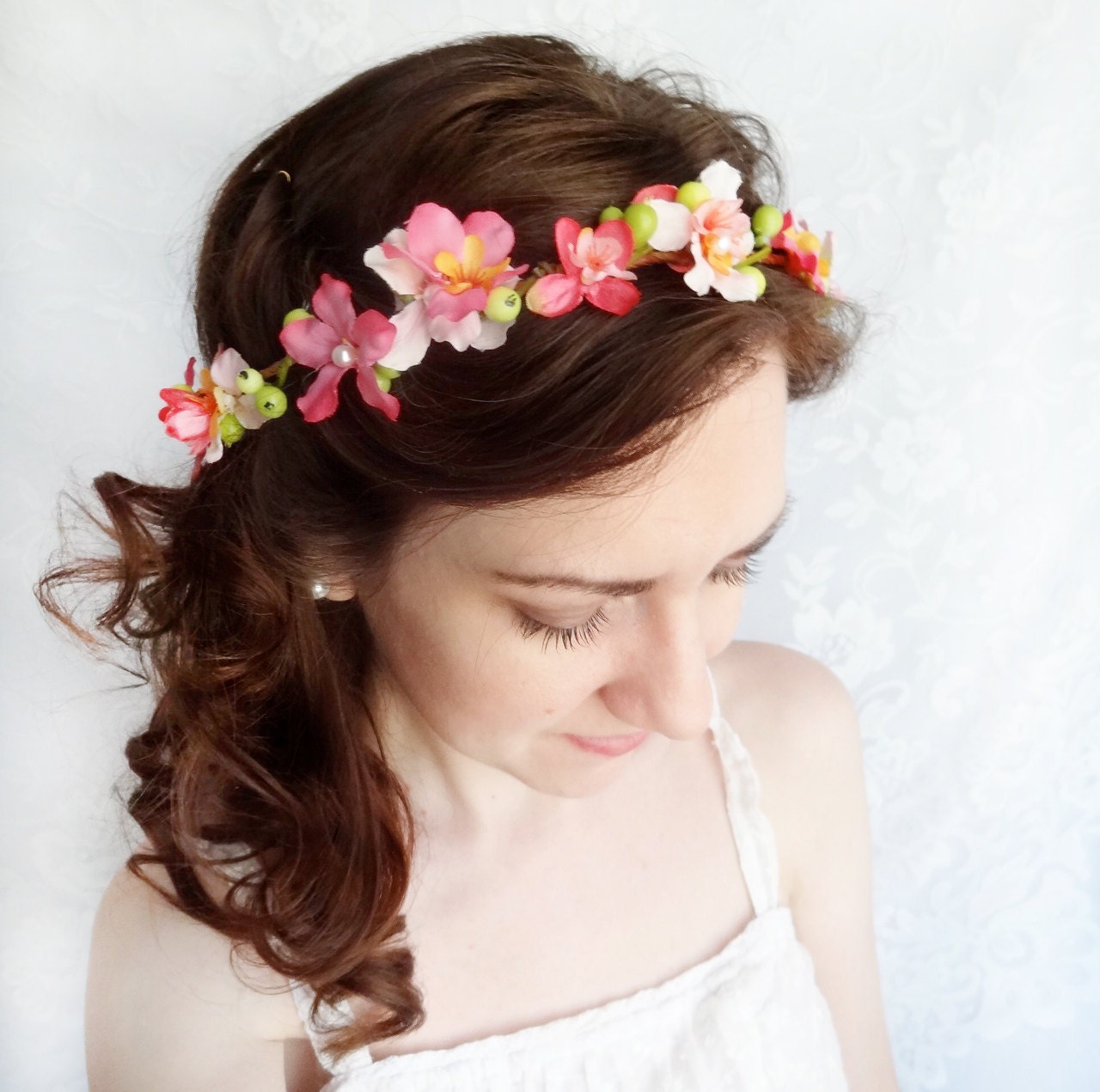 flower girl circlet, hot pink and lime green hair wreath, bridal hair accessories - IN BLOOM - fuschia wedding flower head piece