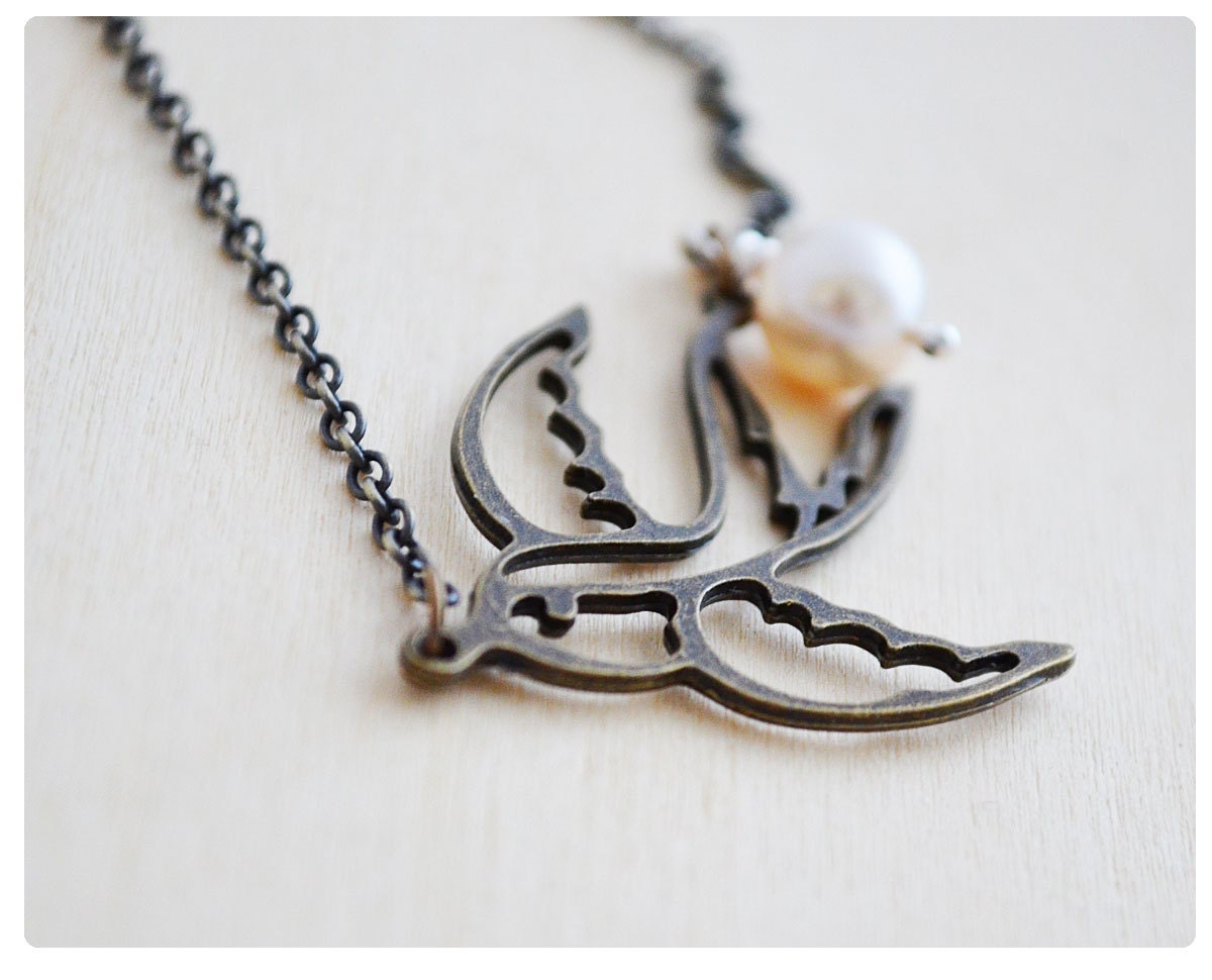 Sparrow Necklace, Pearl Necklace, Antique Bronze, Cream Swarovski Pearl, Sparrow Bird Jewelry, Swallow Necklace