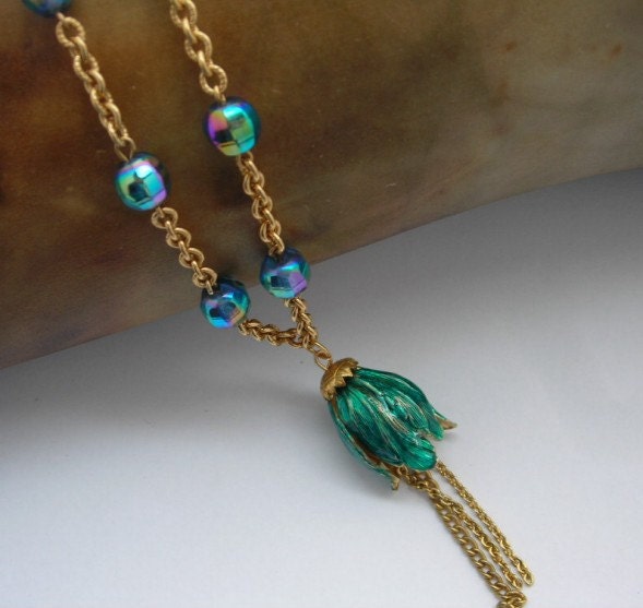 Tulip  Necklace Teal Tulip Brass Vintage Glass Teal Blue Peacock Bead Tassel Necklace Flower Jewelry