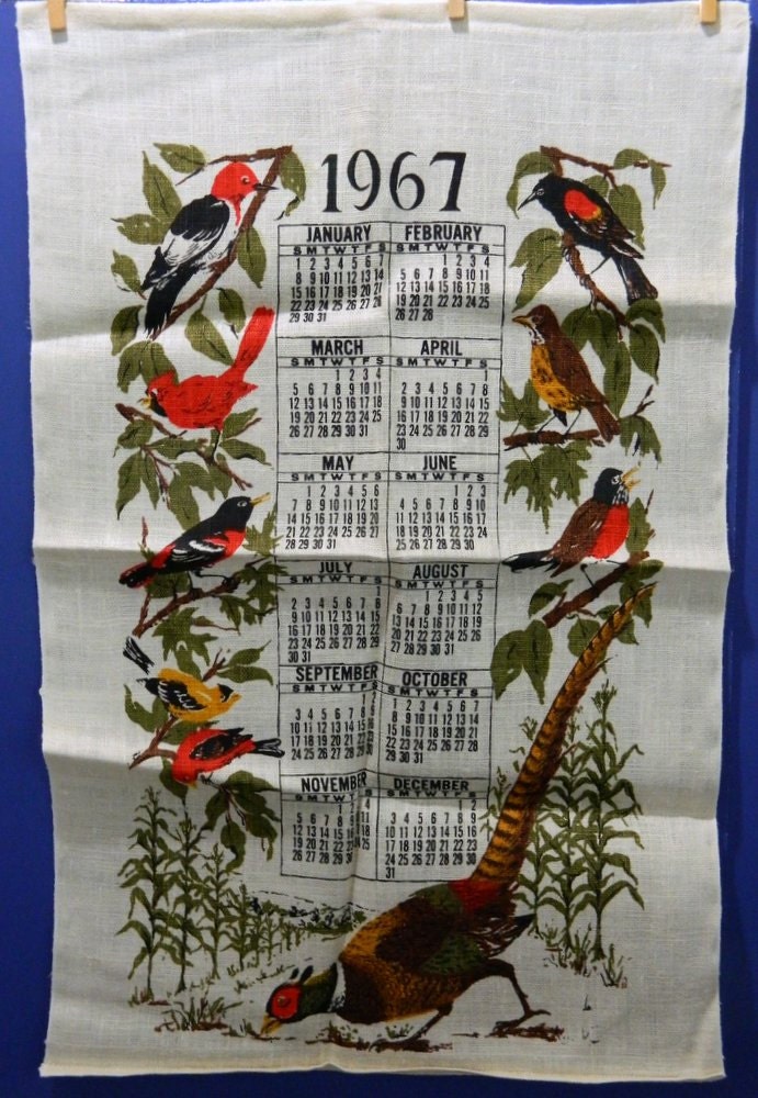 Vintage Birds Linen Kitchen Tea Towel 1967 Calendar Banner Wall Hanging
