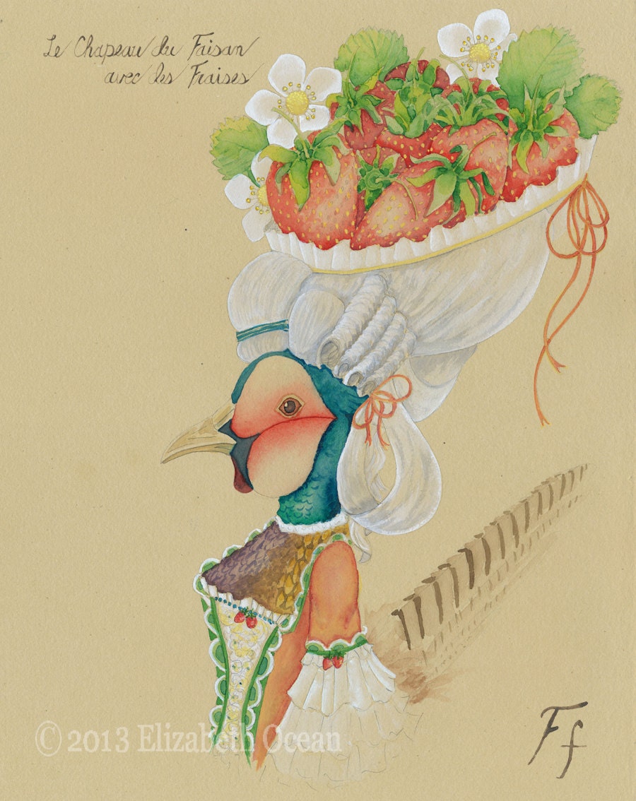 French Alphabet Letter F, Strawberries and Pheasant Bird Animal Fruit Art, Marie Antoinette Style 8x10 Watercolor