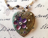 Steampunk Heart Necklace - Steampunk Heart with Watch Gears and Purple Enamel Flower - Steampunk Heart