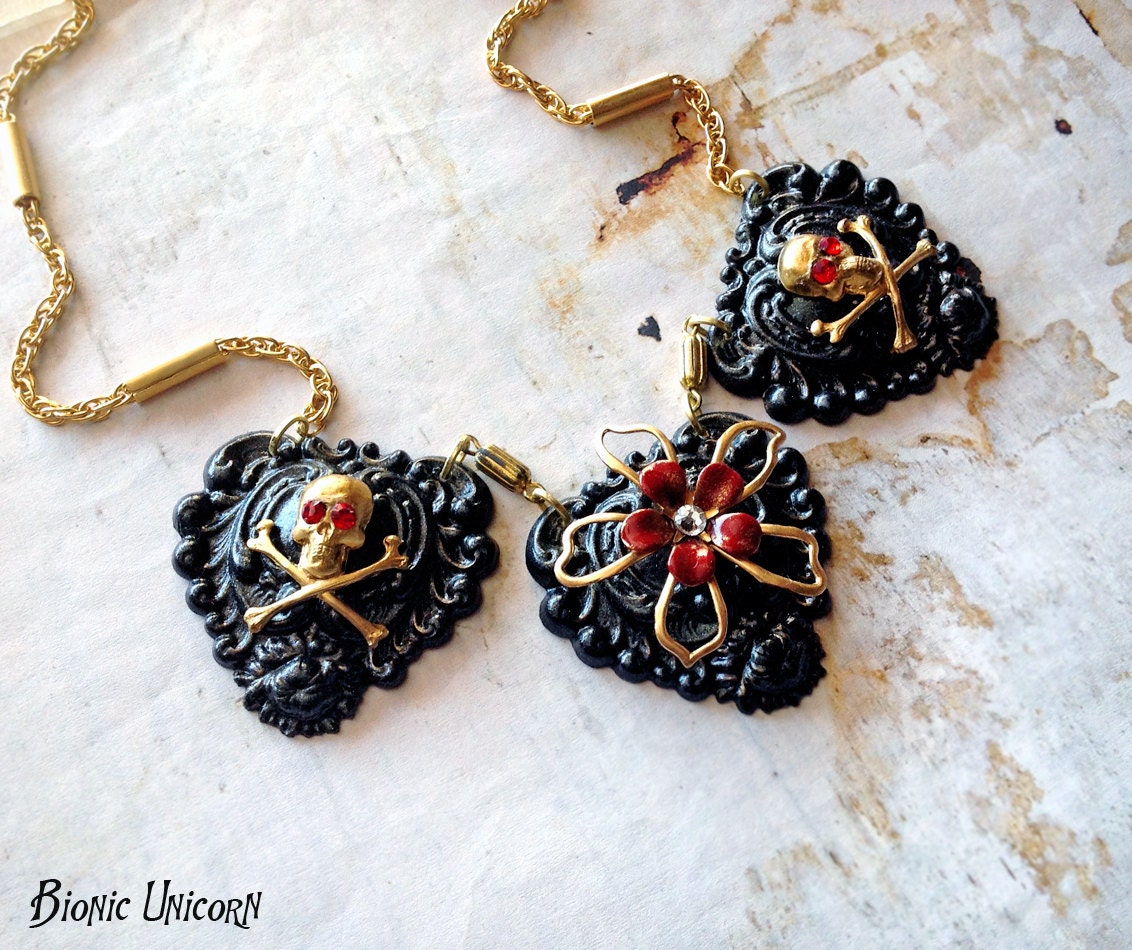 Dread Pirate Dahlia Necklace - Steampunk Skull and Crossbones with Red and Gold Enamel Flowers