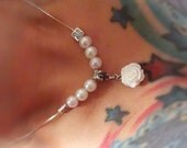 Spring inspired Bridal White Pearl Beaded and Rose Silver Necklace