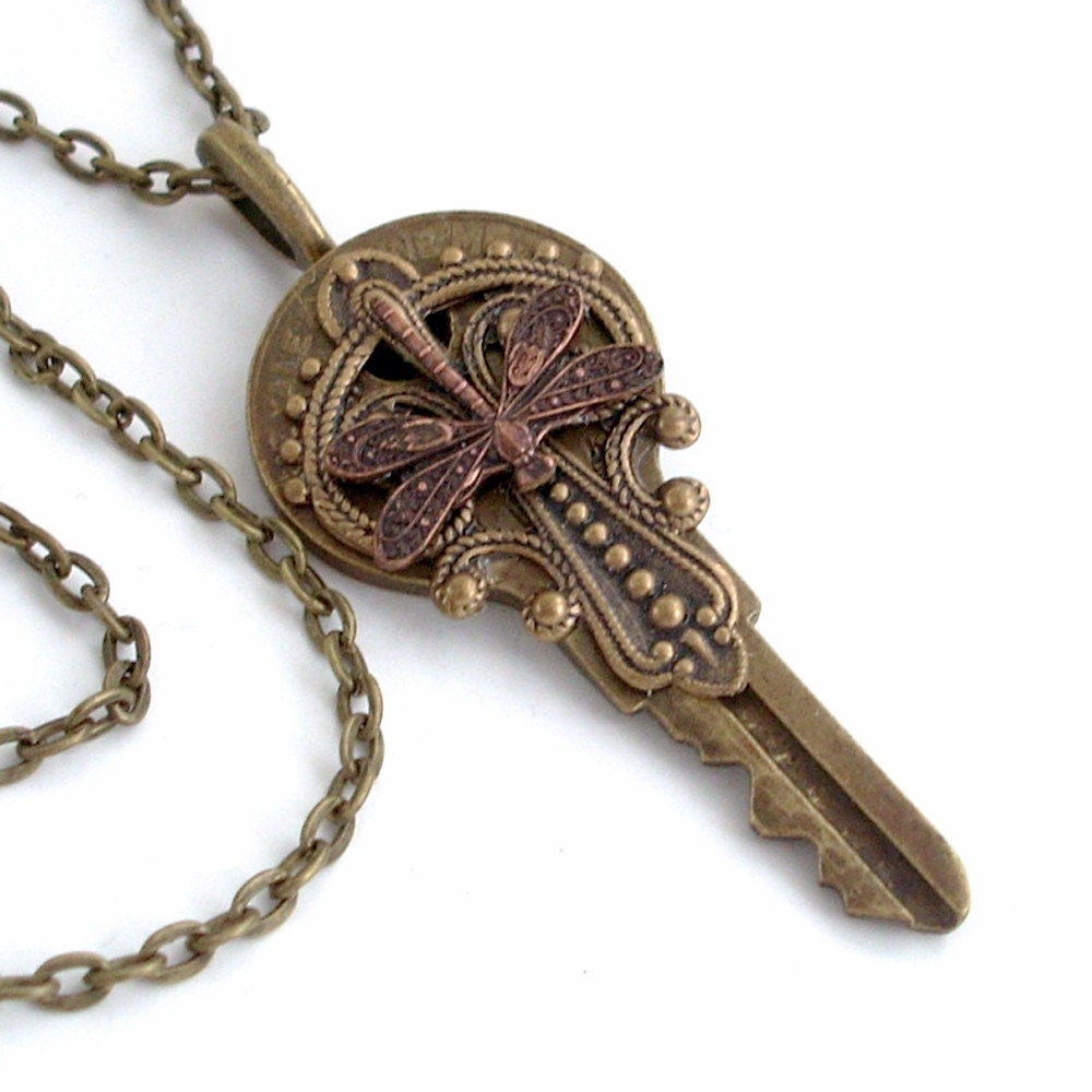 Victorian Wings - Recycled Key Pendant Necklace Jewelry