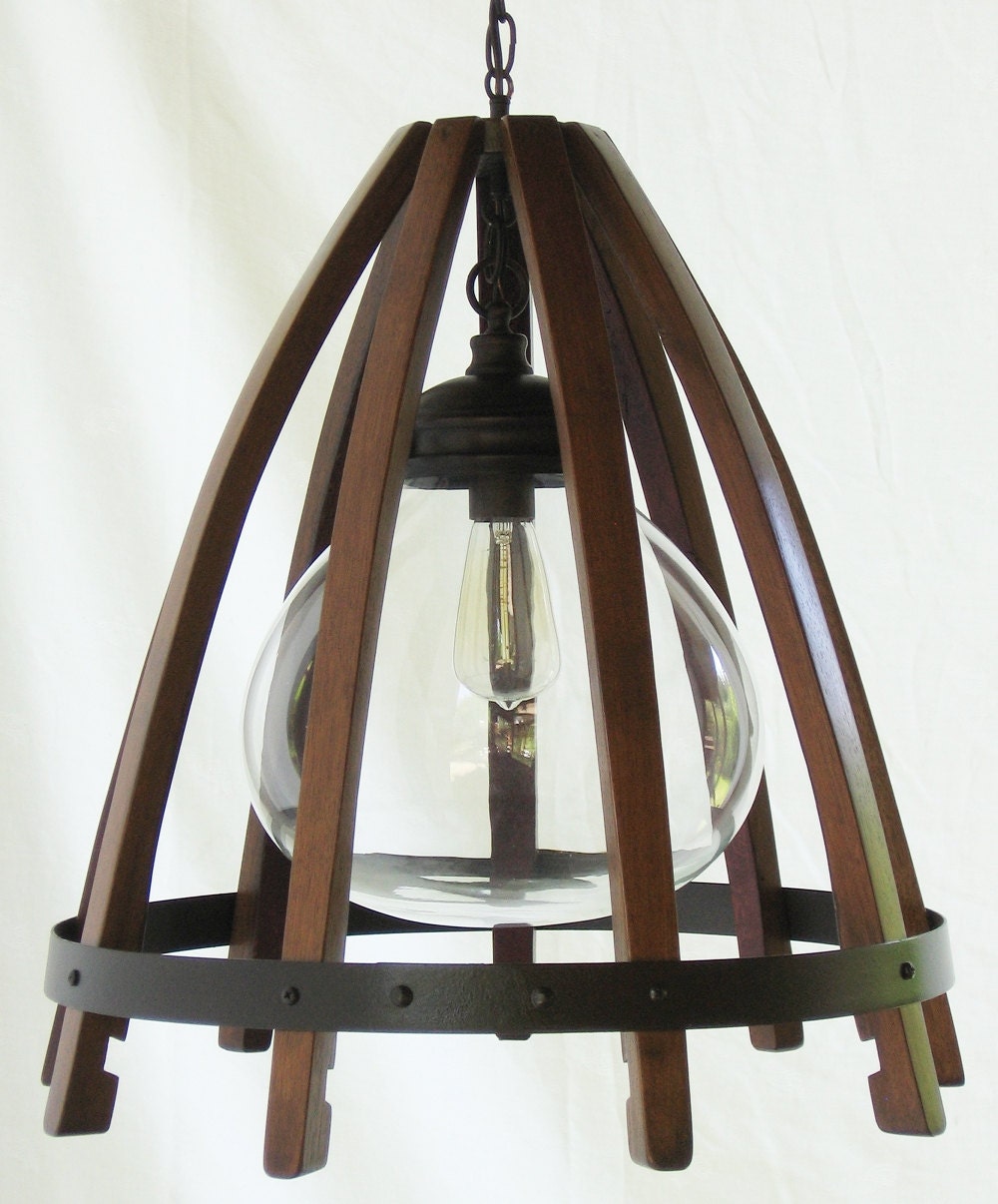 Medusa, recycled oak wine barrel staves, hoop hanging pendant light, ceiling lamp with glass shade